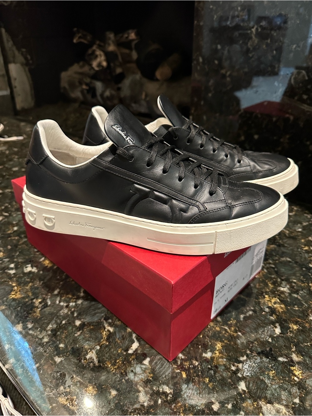 Salvatore Ferragamo Black Leather Low-Top Sneakers. Box & Dust covers included.